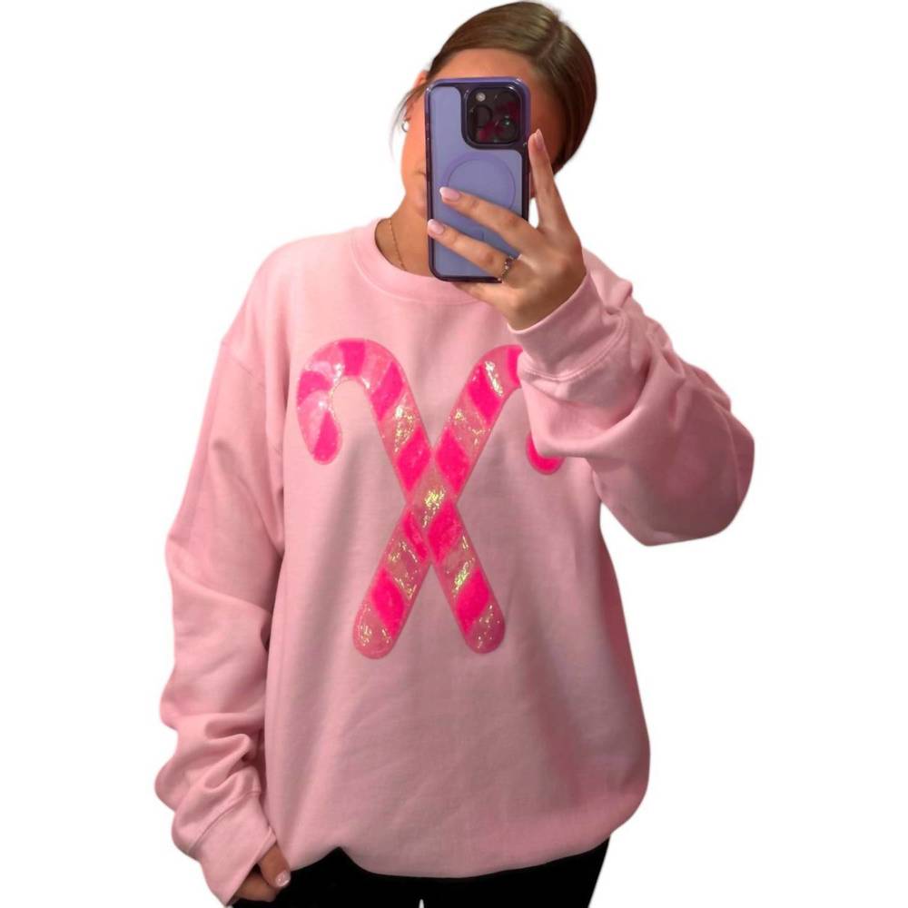 NEW DISTRESSED VINTAGE COUTURE candy cane lane crewneck sweater in pink